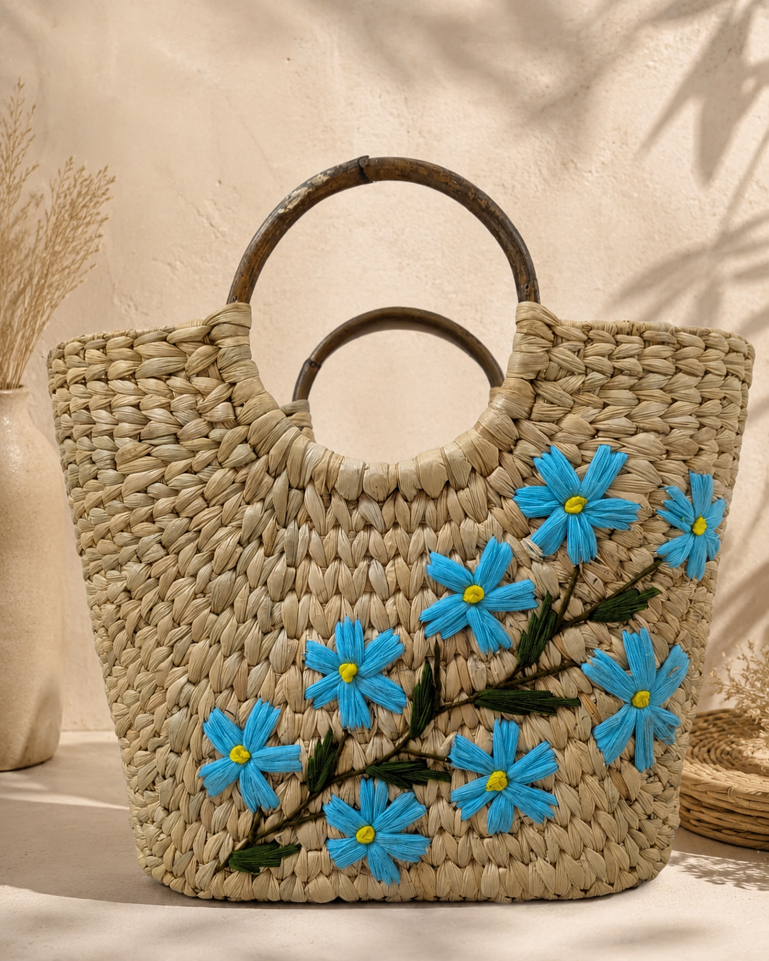 Azure Flora Resort Tote handmade Kauna grass basket