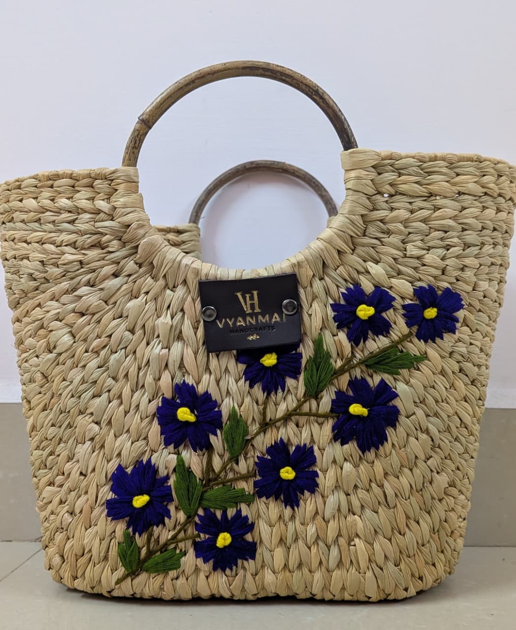 Indigo Daisy Resort Tote handmade Kauna grass basket